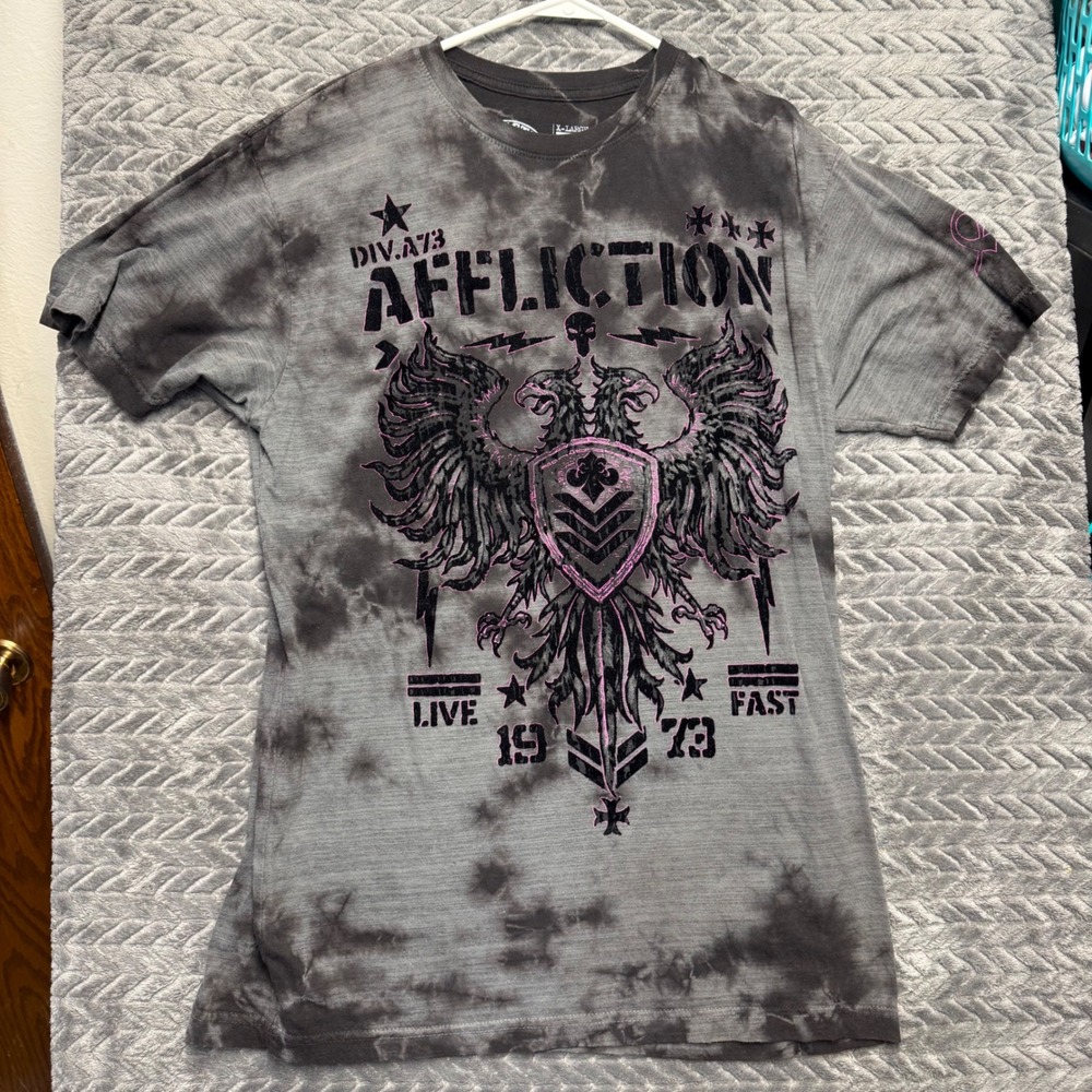 Affliction Graphic T-Shirt XL Grey Tie-Dye Eagle Shield Live Fast (1625)